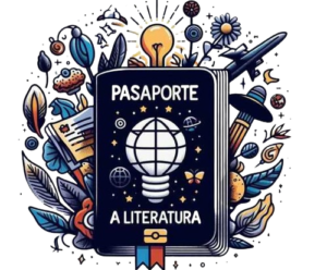 Un pasaporte rodeado de bombillos, torres, flores y aviones, en el centro del pasaporte se encuentra la leyenda pasaporte a la literatura